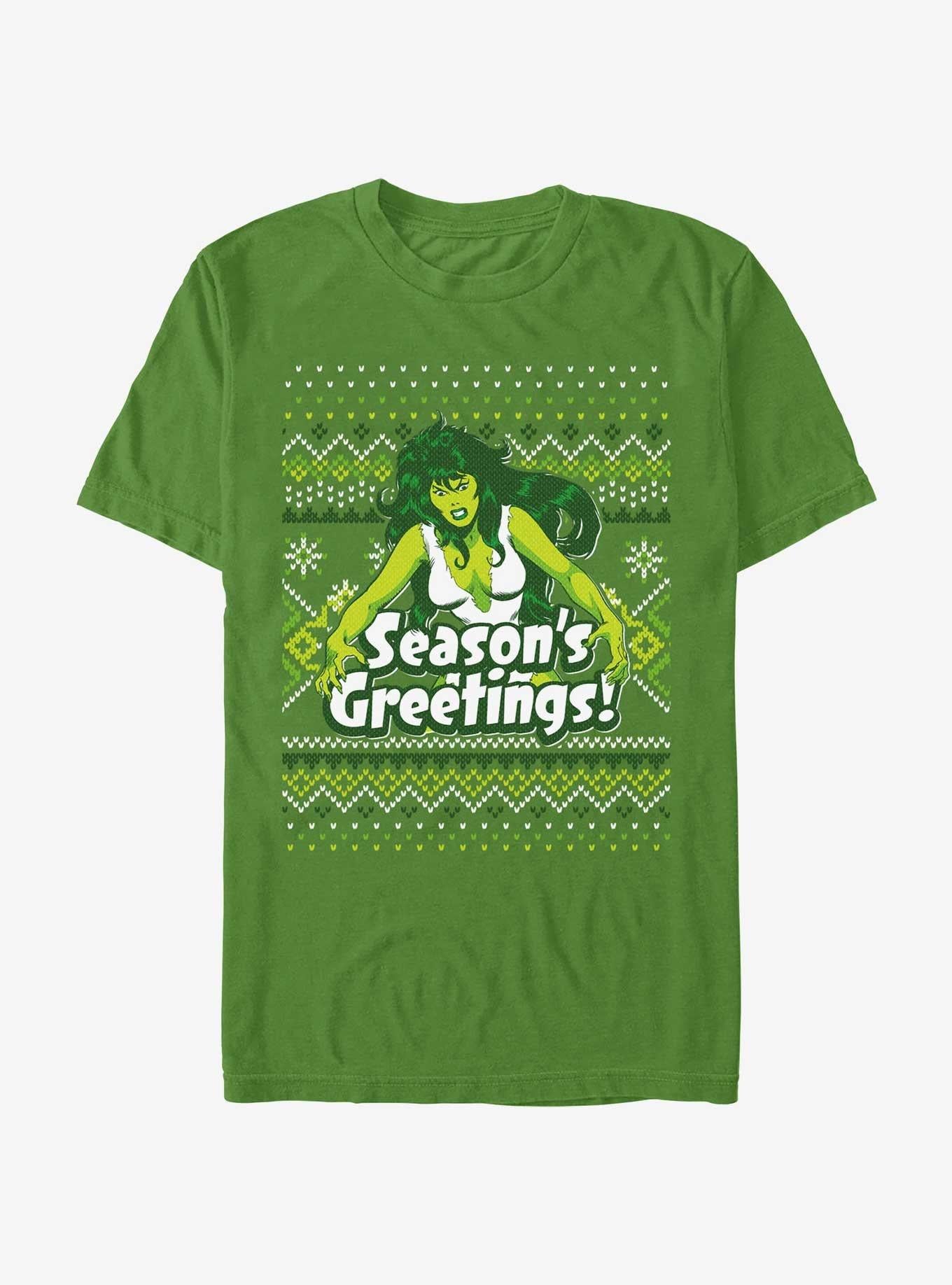 Marvel Hulk She-Hulk Season's Greetings Ugly Christmas T-Shirt T-Shirt | Top Trending Artwork | Trending Now