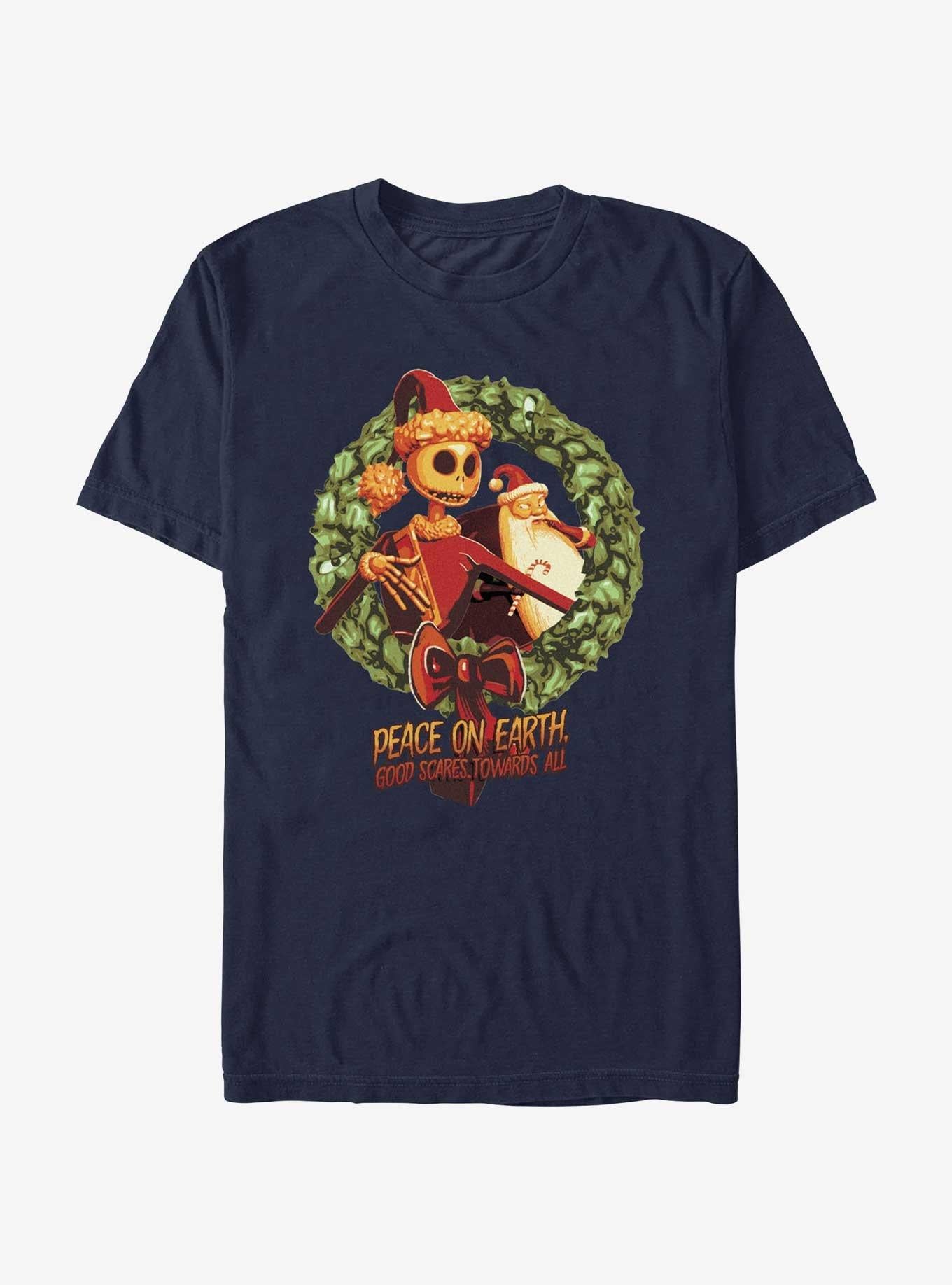 Disney The Nightmare Before Christmas Peace On Earth Jack & Santa Wreath T-shirt | Trendy Graphic Tee | Casual Unisex T-shirt