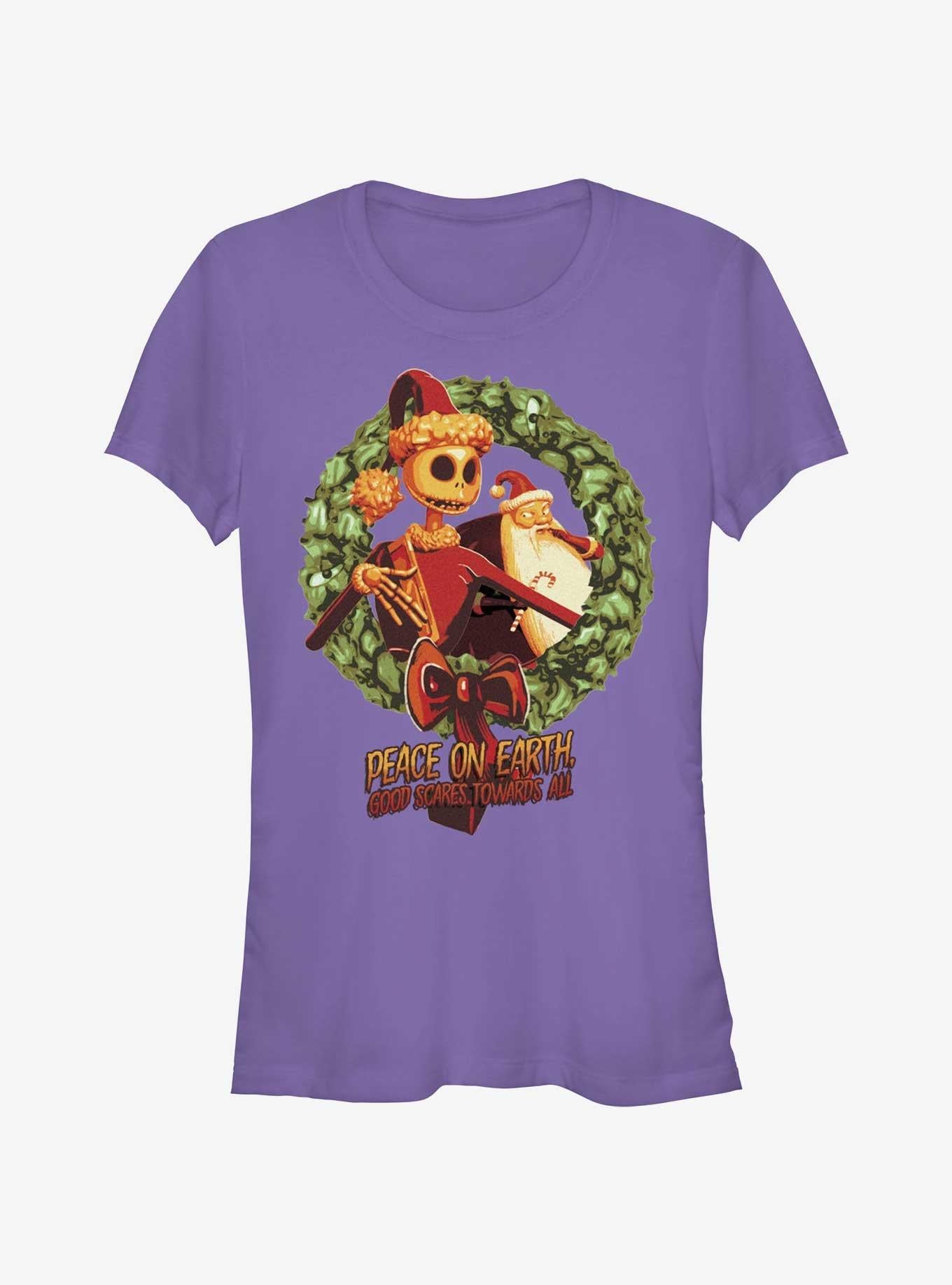 Disney The Nightmare Before Christmas Peace On Earth Jack & Santa Wreath Girls T-shirt | Trendy Graphic Tee | Casual Unisex T-shirt