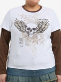 Winged Skull White Brown Girls Twofer Long-Sleeve T-Shirt Plus Size T-Shirt | Exclusive Edition | Perfect For Daily Wear