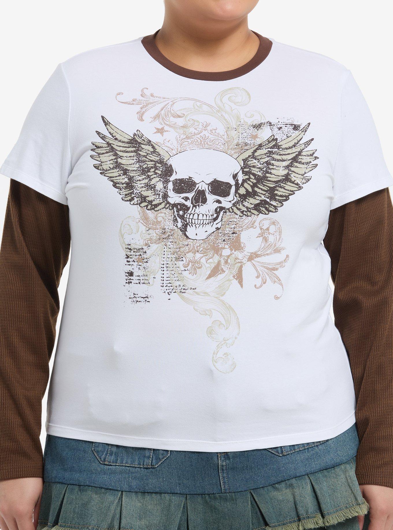 Winged Skull White & Brown Girls Twofer Long-Sleeve T-Shirt Plus Size
