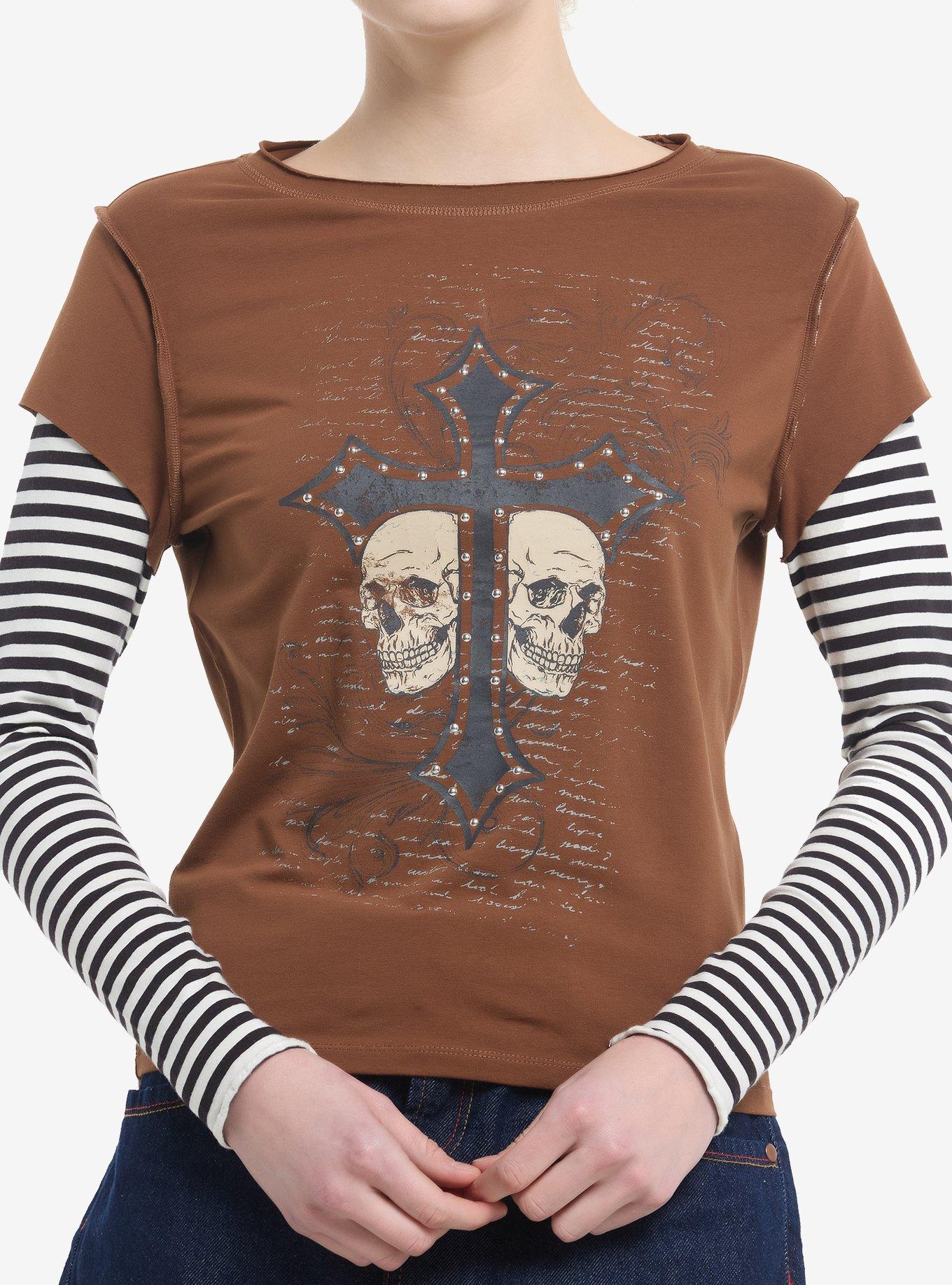 Skull Cross Rhinestones Striped Girls Twofer Long-Sleeve T-Shirt