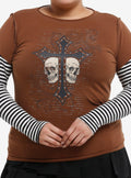 Skull Cross Rhinestones Striped Girls Twofer Long-Sleeve T-Shirt Plus Size T-Shirt | Viral Style | Perfect For Daily Wear