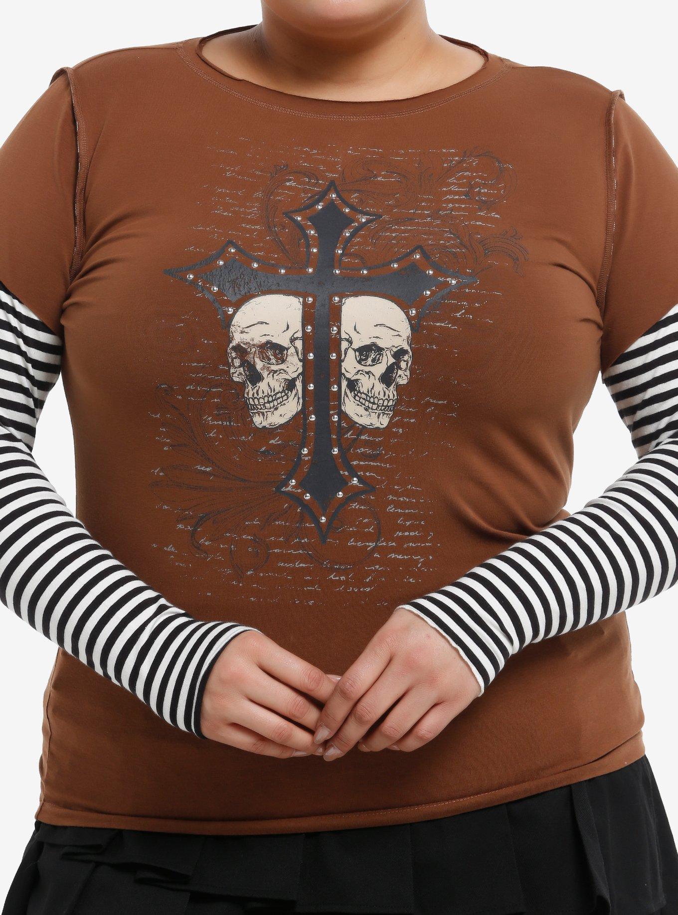Skull Cross Rhinestones Striped Girls Twofer Long-Sleeve T-Shirt Plus Size T-Shirt | Viral Style | Perfect For Daily Wear