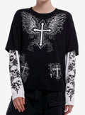 Black White Winged Cross Skulls Girls Twofer Long Sleeve T Shirt