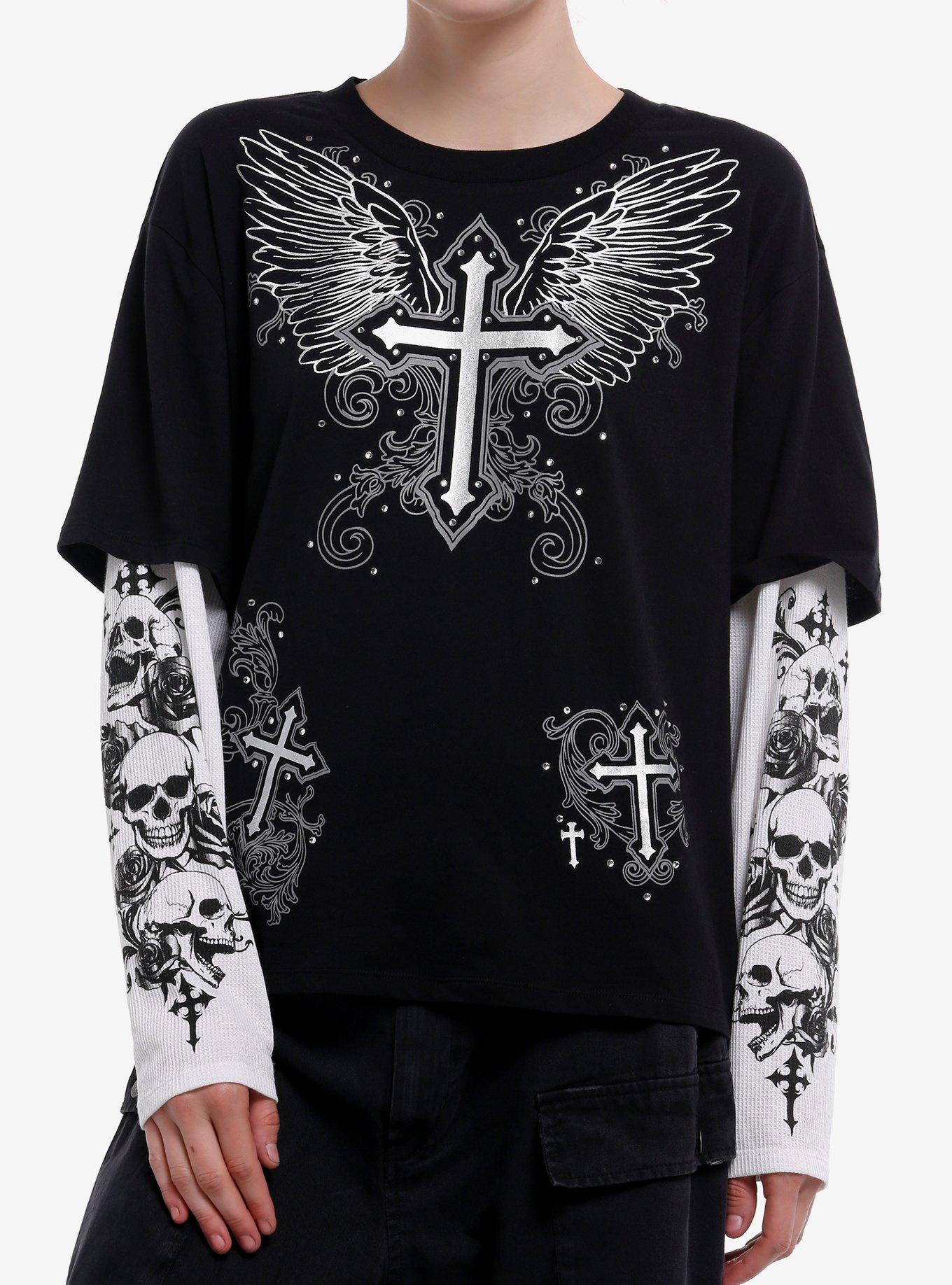 Black White Winged Cross Skulls Girls Twofer Long Sleeve T Shirt