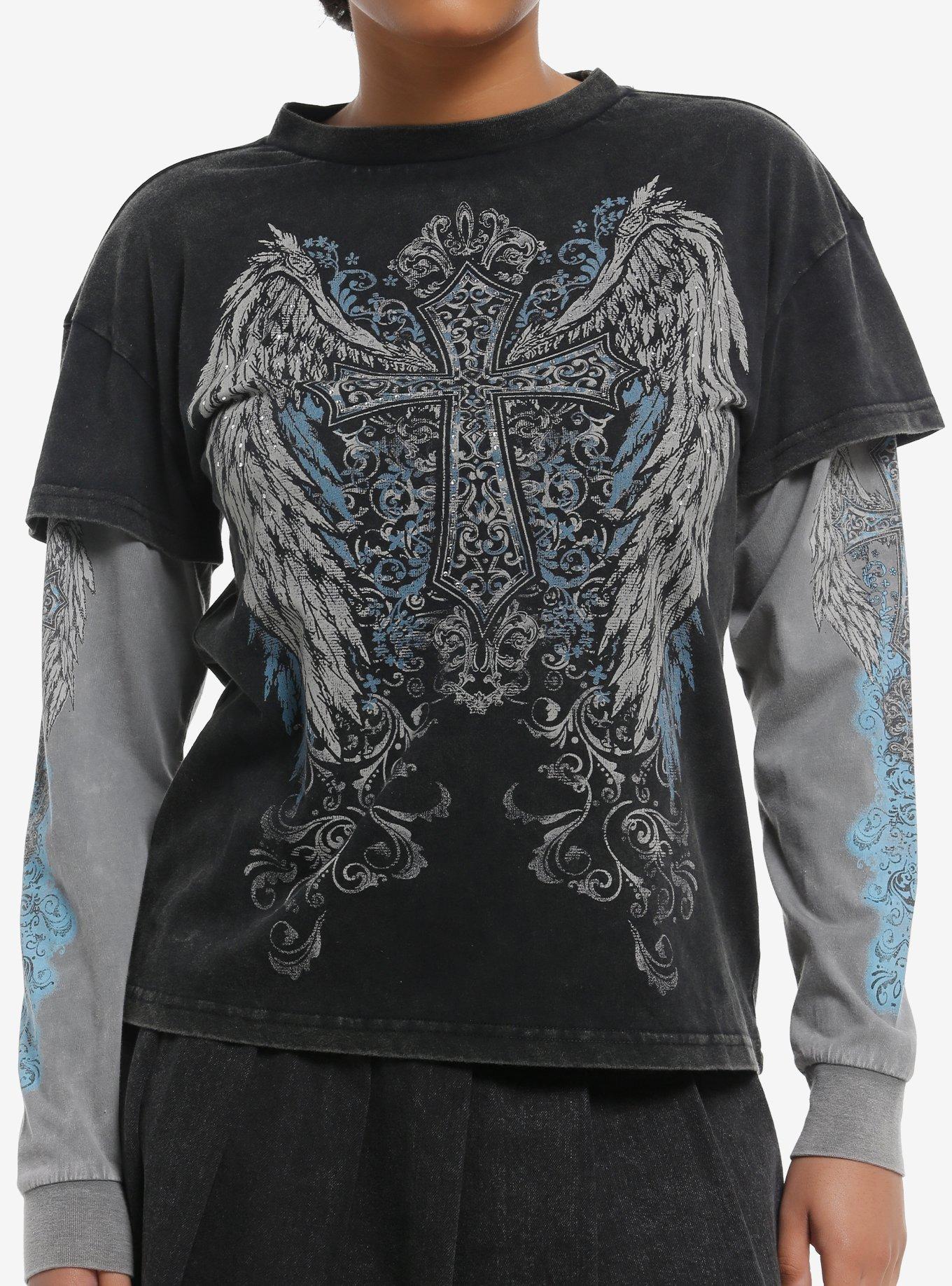Winged Cross Rhinestone Girls Twofer Long Sleeve T Shirt