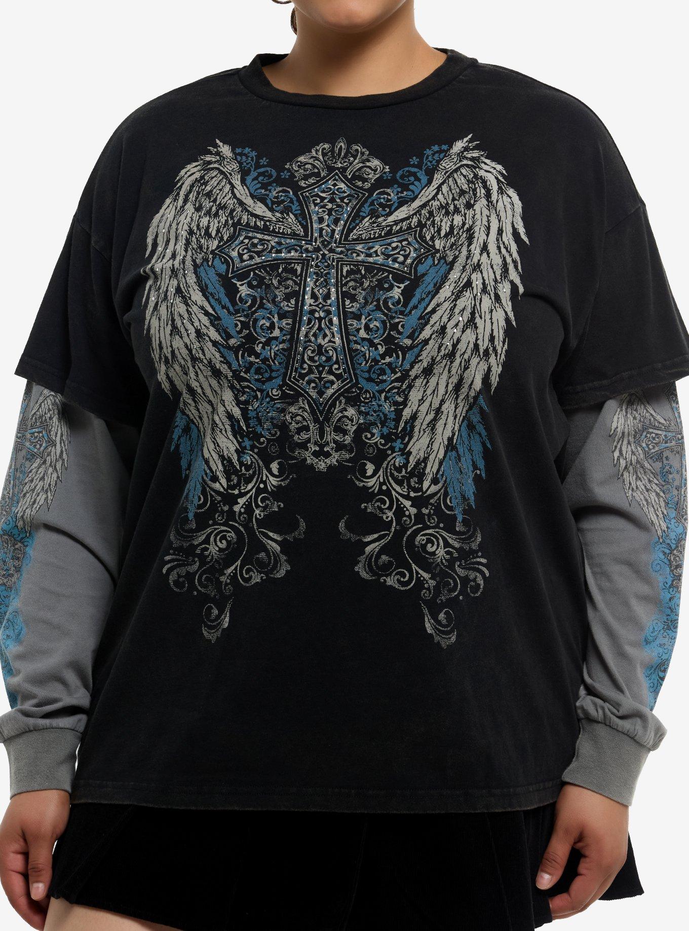 Winged Cross Rhinestone Girls Twofer Long-Sleeve T-Shirt Plus Size | Premium Unisex T-Shirt, Trending Graphic Tee