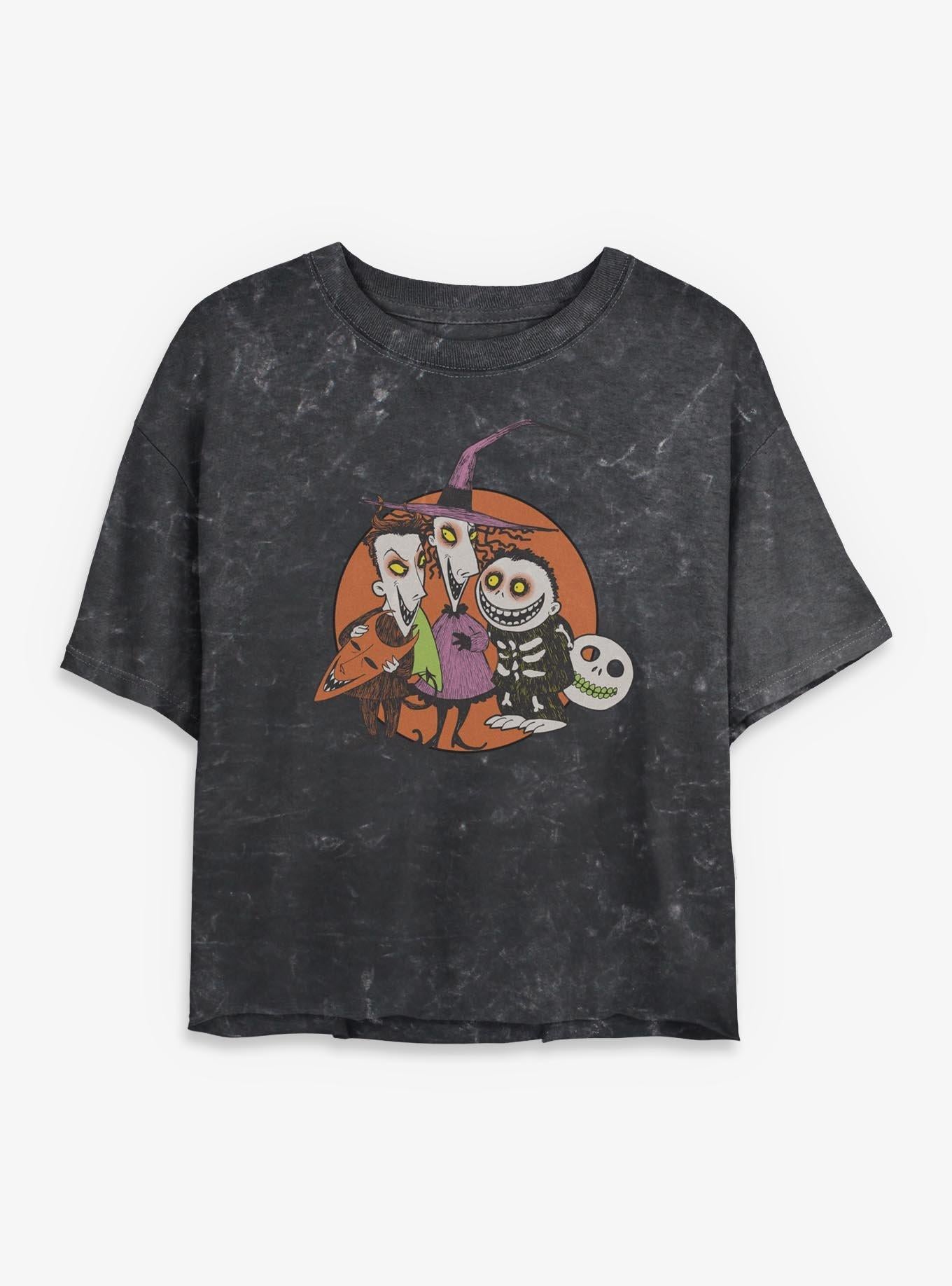 Disney The Nightmare Before Christmas Troublemakers Trio Girls Mineral Wash Crop T-shirt | Trendy Graphic Tee | Casual Unisex T-shirt