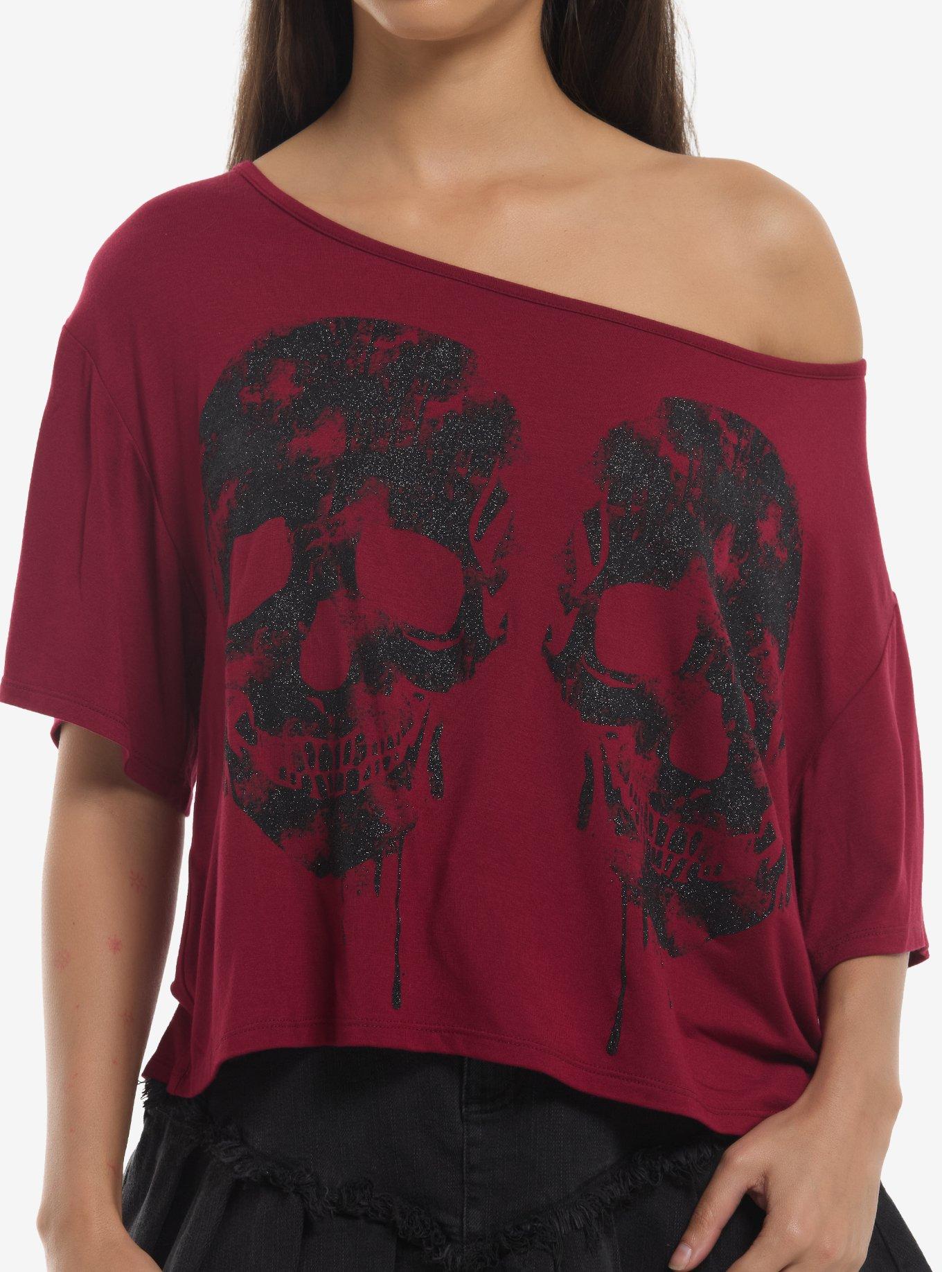 Maroon Black Glitter Skull Off-Shoulder Girls T-Shirt T-Shirt | Bold Graphic Edition | Perfect For Daily Wear