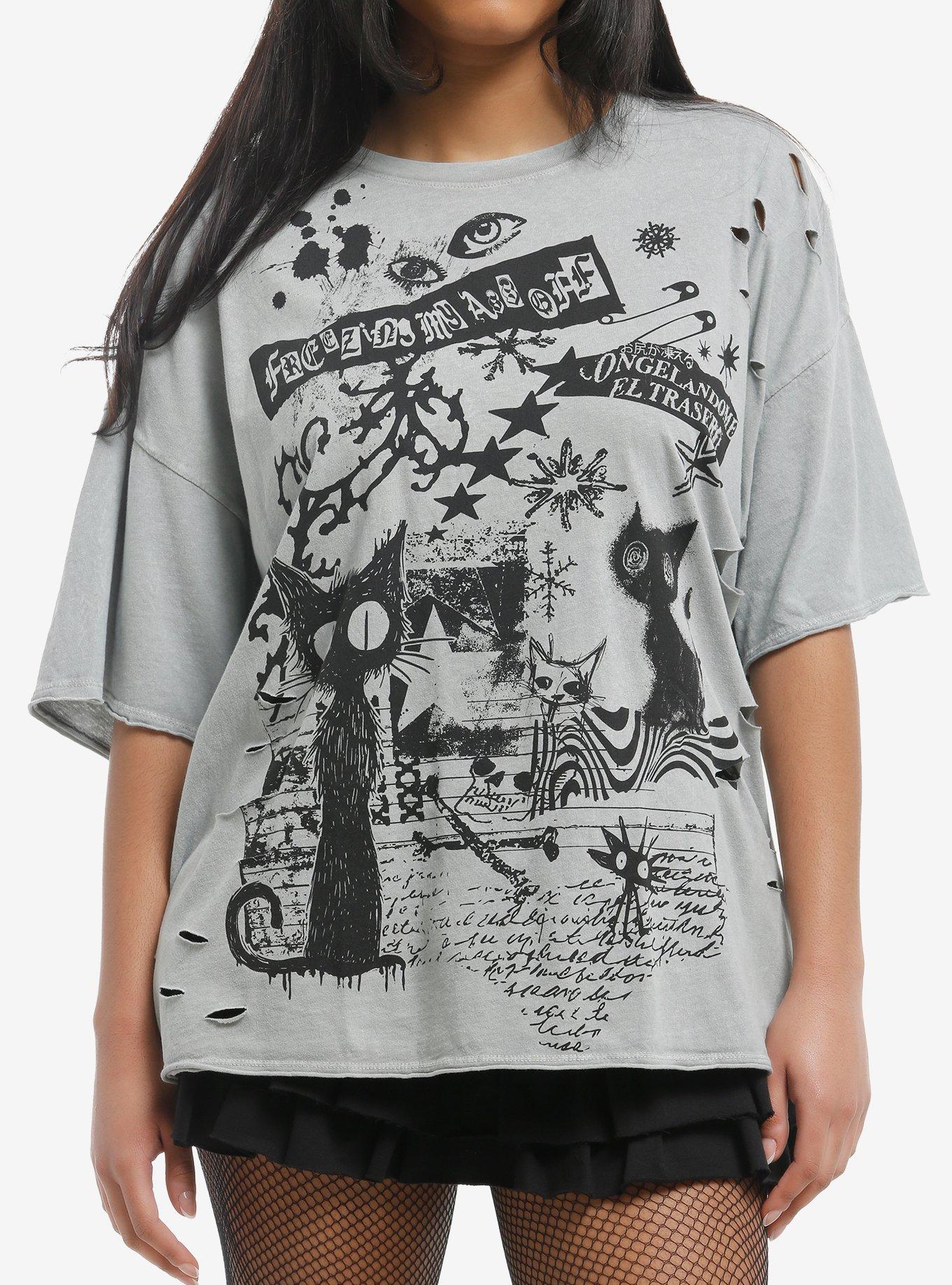 Social Collision Grunge Cat Doodle Girls Oversized T Shirt