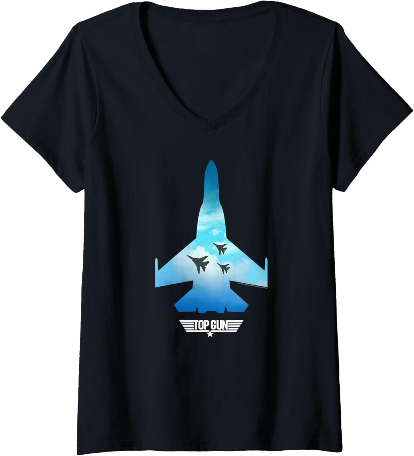 Womens Top Gun Fighter Jet Silhouette In Sky Action Movie V Neck