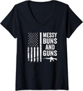 Womens Messy Buns Guns Funny Womens Usa Flag Gun Lover V Neck