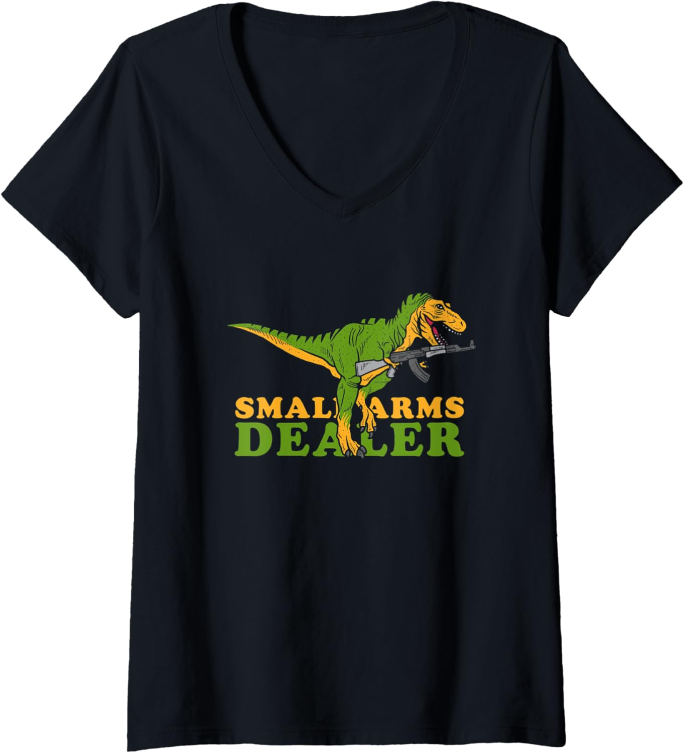 Womens Small Arms Dealer T Rex Tyrannosaurus Dinosaur Gun V Neck
