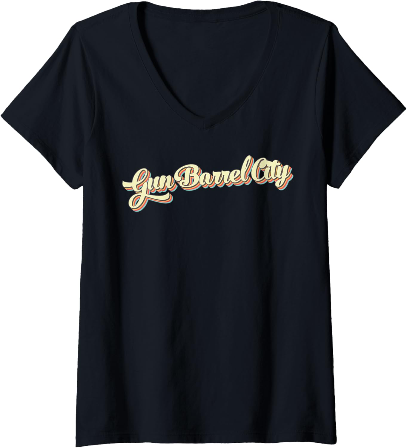 Womens Gun Barrel City Tshirt Retro Art Baseball Font Vintage V Neck