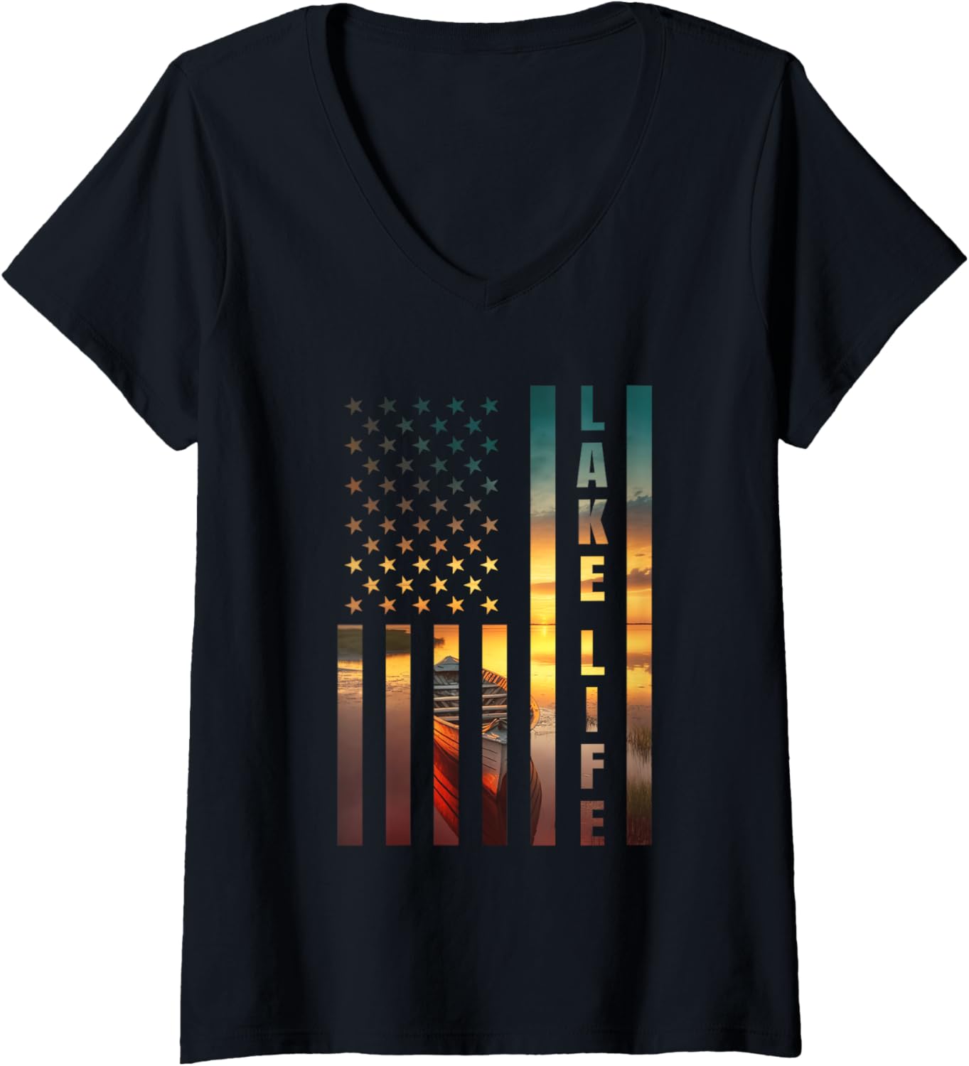 Womens Lake Life Fisherman Sunset American Flag Bass