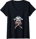 Womens Pirate Skull Sword Gun Skull V Neck