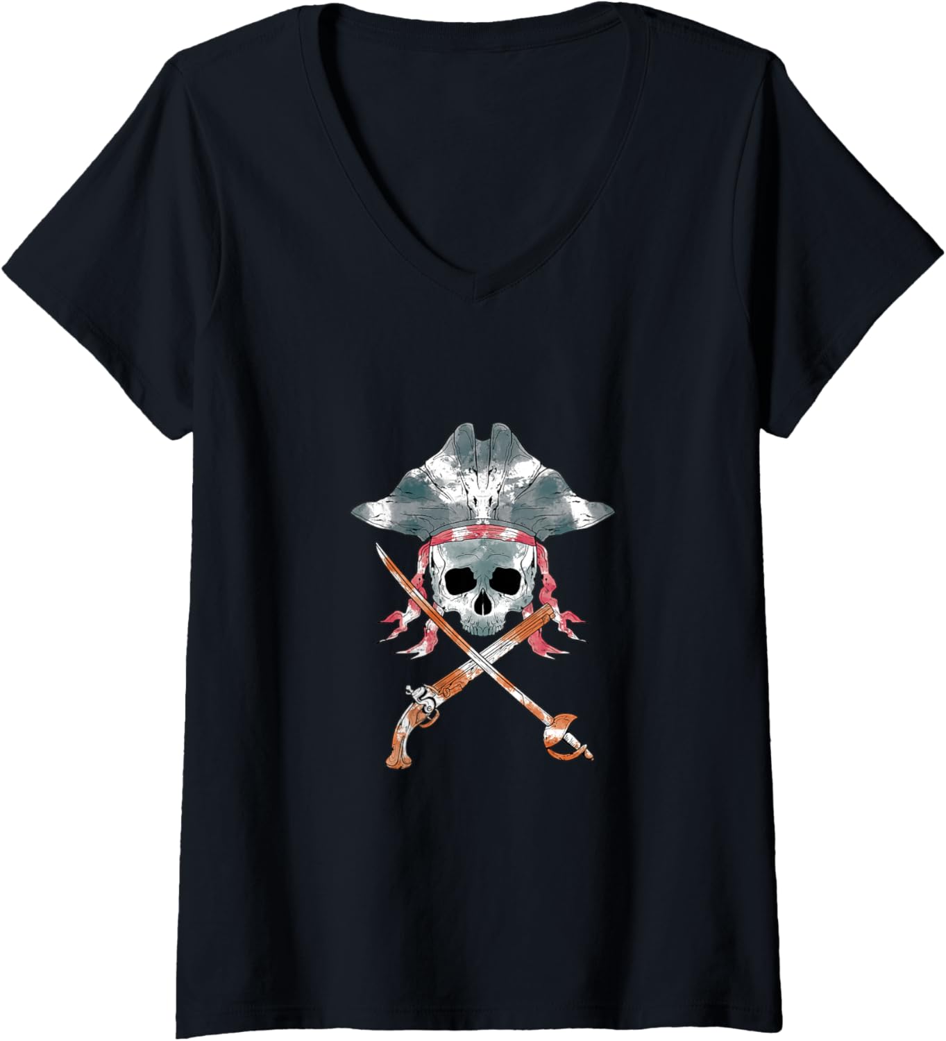 Womens Pirate Skull Sword Gun Skull V Neck