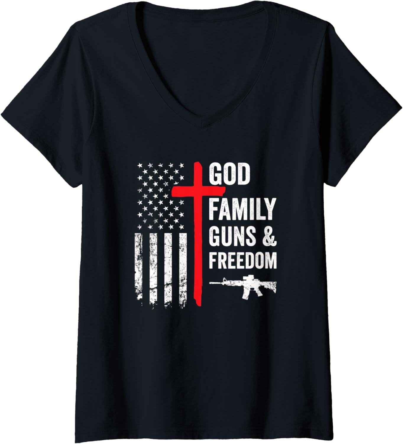 Womens God Family Guns Freedom Pro Gun Christian Usa Flag V Neck