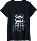 Womens Coffee Guns Messy Buns Funny Usa Flag Pro Gun V Neck