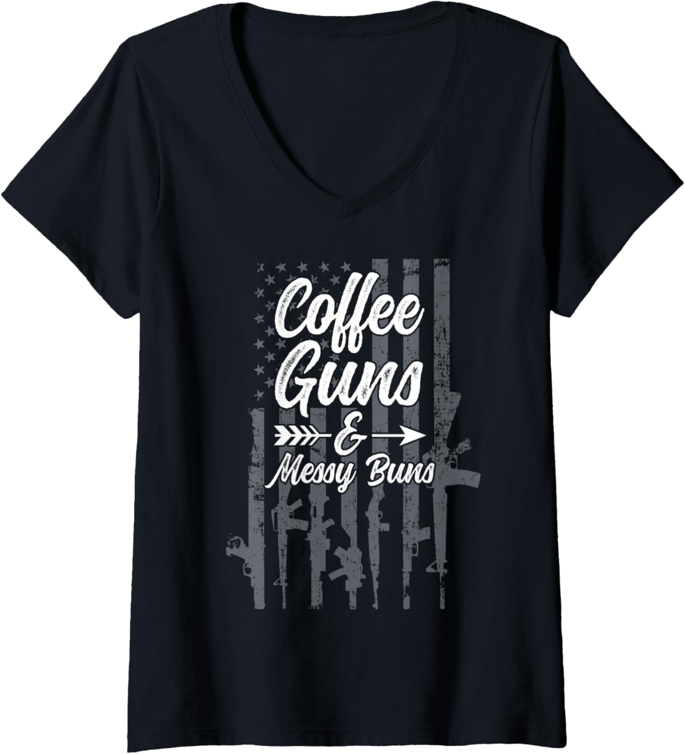 Womens Coffee Guns Messy Buns Funny Usa Flag Pro Gun V Neck