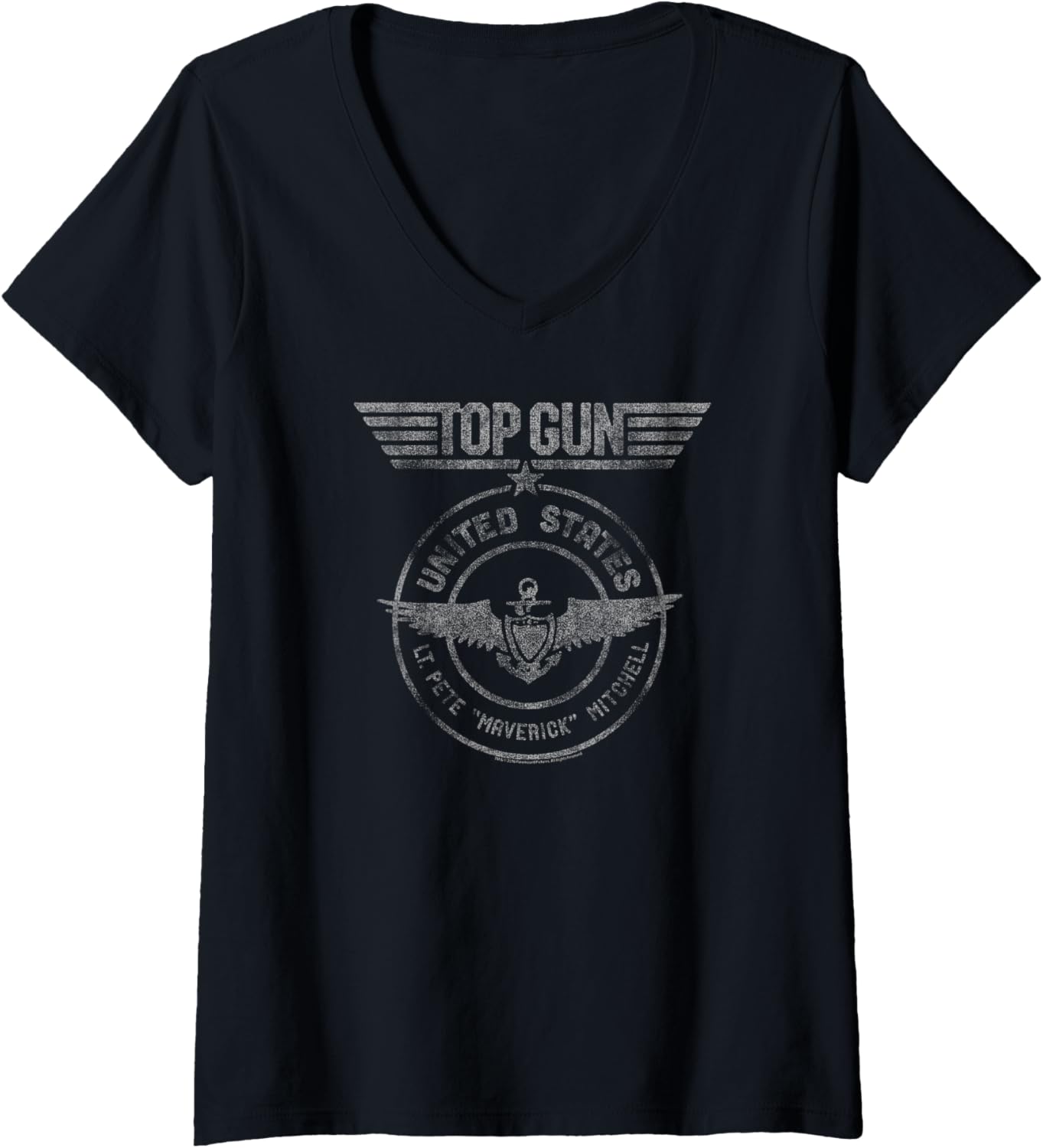 Womens Top Gun Lt Pete Mitchell Distressed Seal Action Movie V Neck
