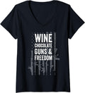 Womens Wine Chocolate Guns Freedom Funny Womens Usa Gun Flag V Neck