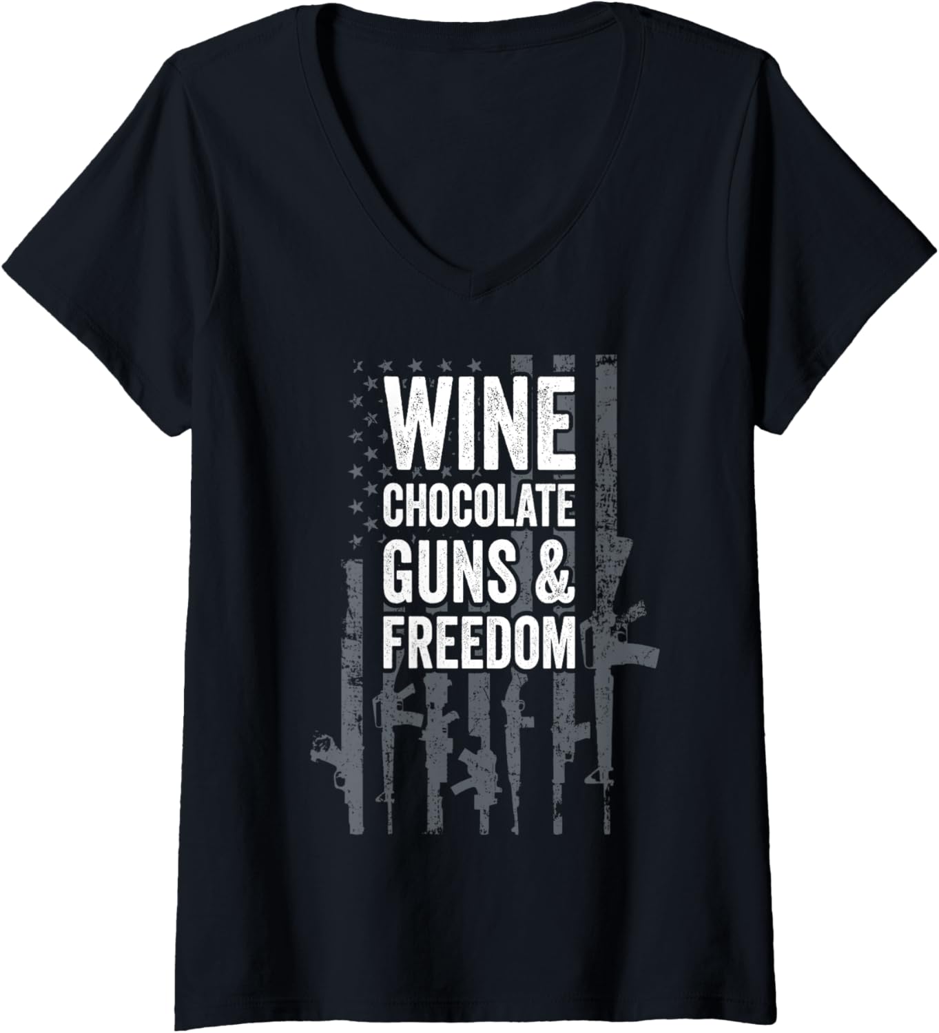 Womens Wine Chocolate Guns Freedom Funny Womens Usa Gun Flag V Neck