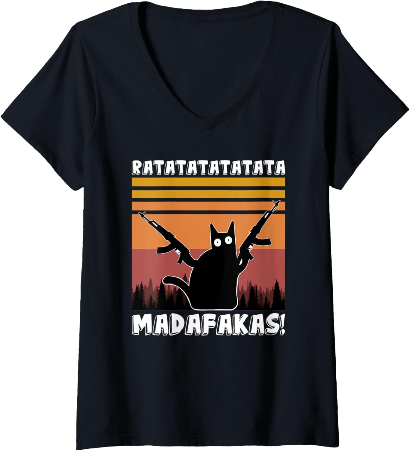Womens Ratatatata Madafakas Cat With Machine Gun V Neck