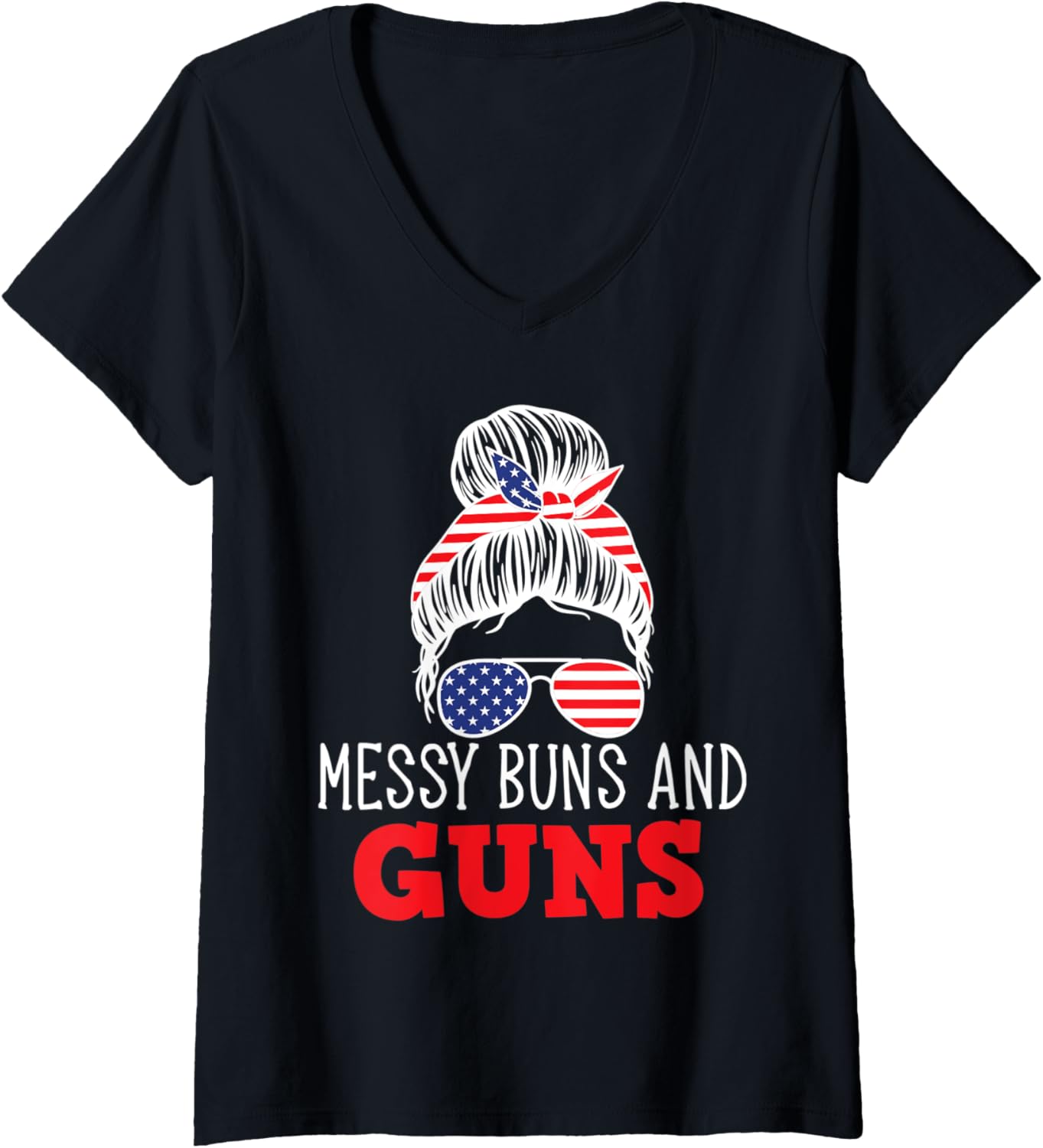 Womens Messy Buns Guns Tshirt Women Wife Mom Pink Leopard V Neck