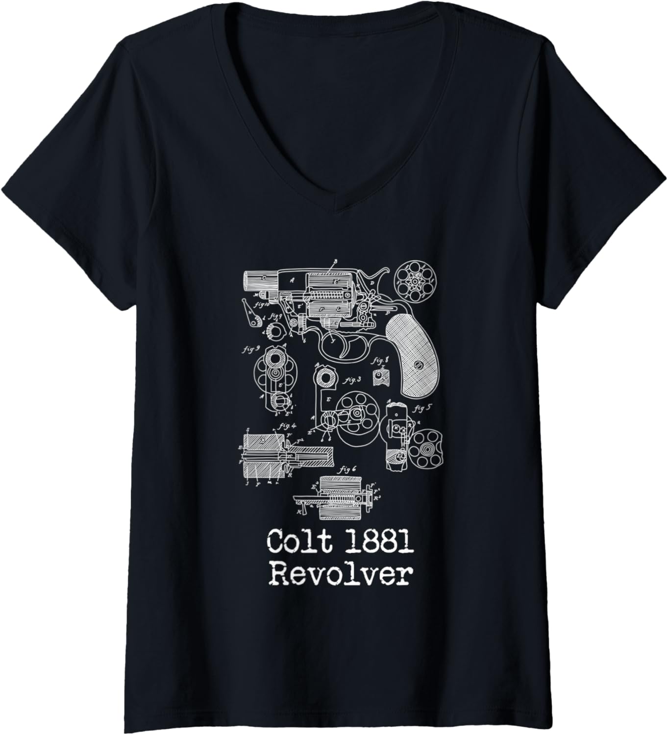 Womens 1881 Blueprint Patent Revolver Handgun Gun Collector V Neck