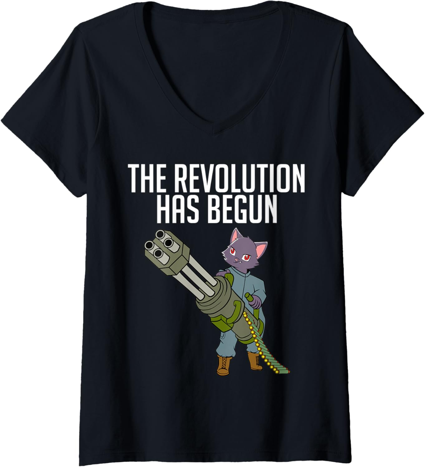 Womens Revolution Started Cat With Machine Gun Strike V Neck