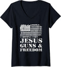 Womens Jesus Guns Freedom Usa Flag Funny Christian Gun Owner V Neck