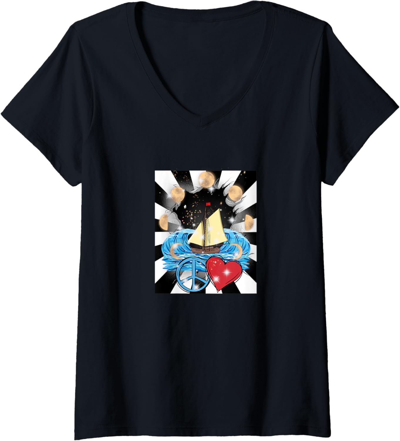 Womens Maritime Seafaring Peace Heart Sailing Ship Moon