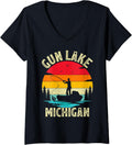 Womens Summer Vacation Fishing Vintage Retro Michigan Gun Lake V Neck