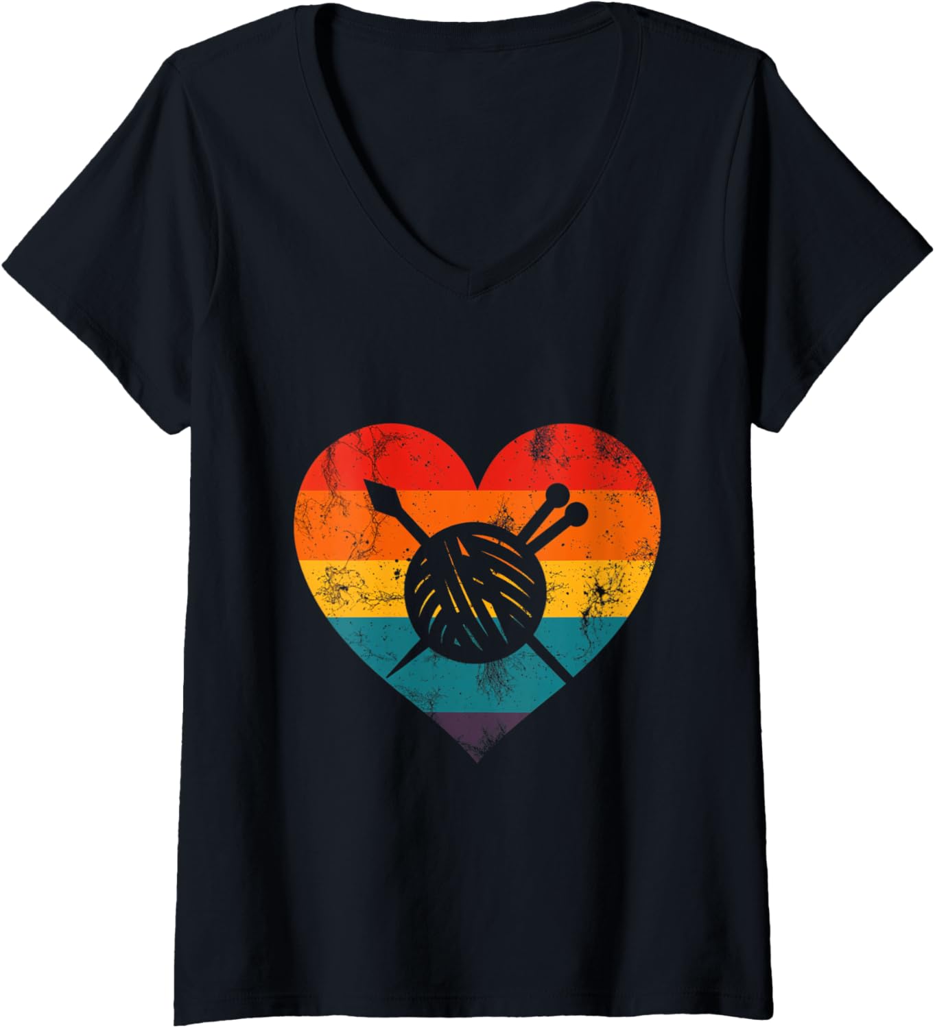 Womens Love Yarn Knitting Rainbow Heart Crochet Fiber V-Neck