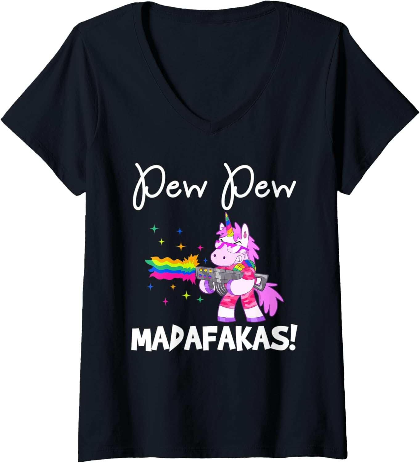 Womens Pew Madafakas Funny Fantasy Unicorn With Rainbow Gun White V Neck