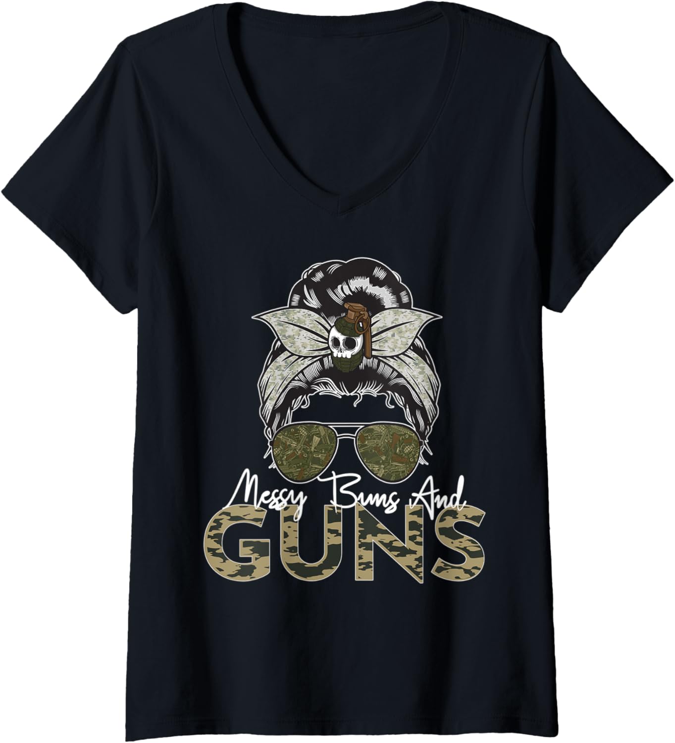 Womens Messy Buns Guns Tshirt Women Wife Mom Military V Neck