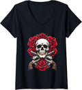 Womens Guitar 80S Glam Rock 1980S Skeleton Roses Skull Guns V Neck
