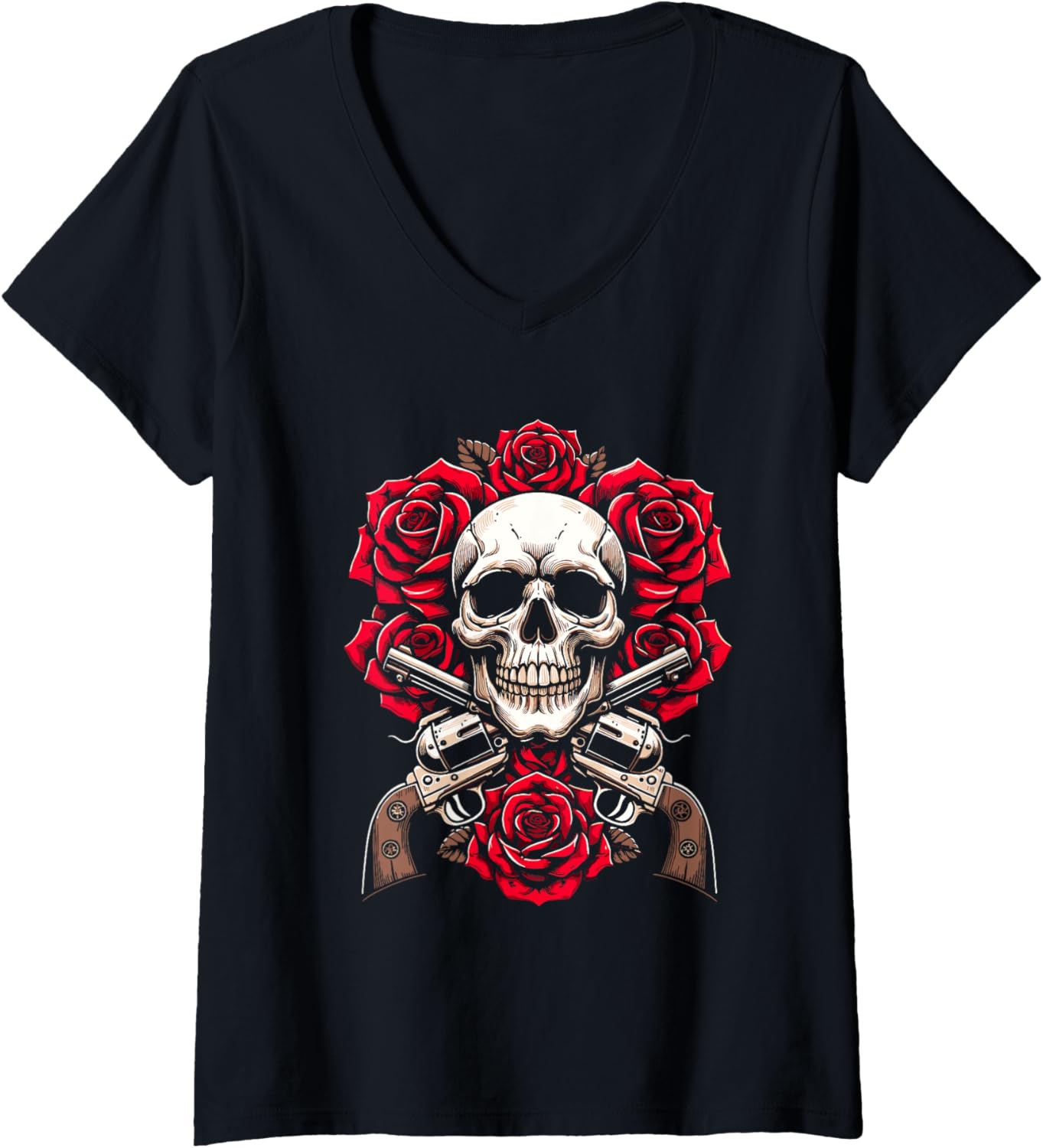 Womens Guitar 80S Glam Rock 1980S Skeleton Roses Skull Guns V Neck