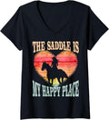 The Saddle Is My Happy Place Girl Riding Horse Silhouette V-Neck