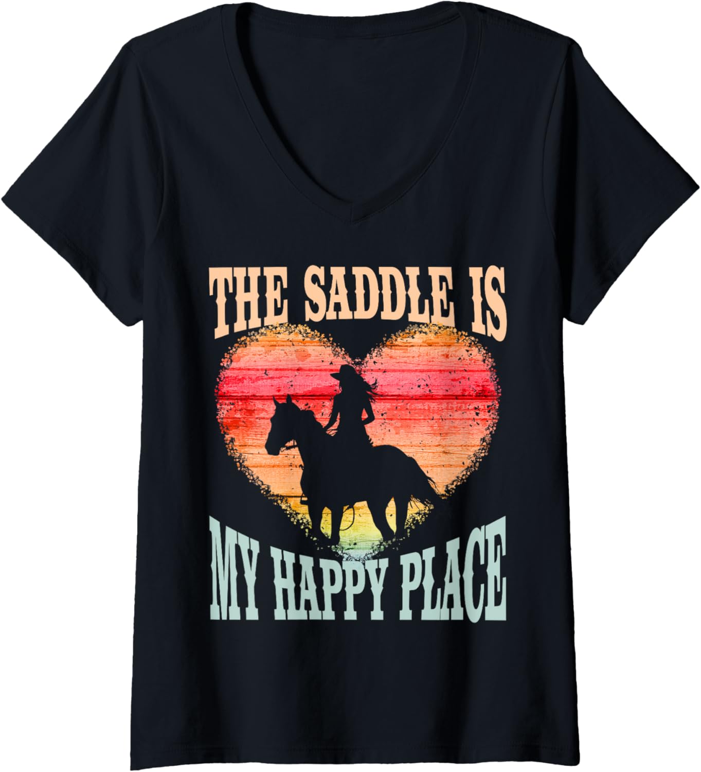 The Saddle Is My Happy Place Girl Riding Horse Silhouette V-Neck
