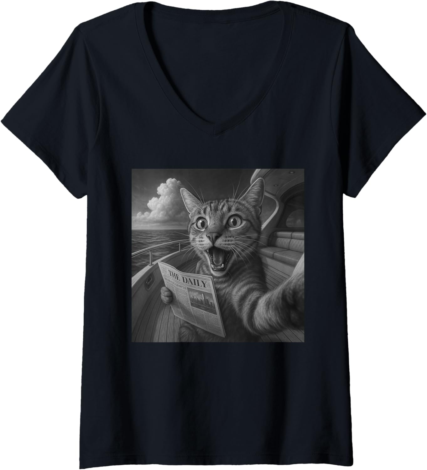 Womens Funny Selfie Cat Reading Newspaper On Boat