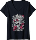 Womens Guns N Roses Official Flourish Skull Pink Roses V Neck
