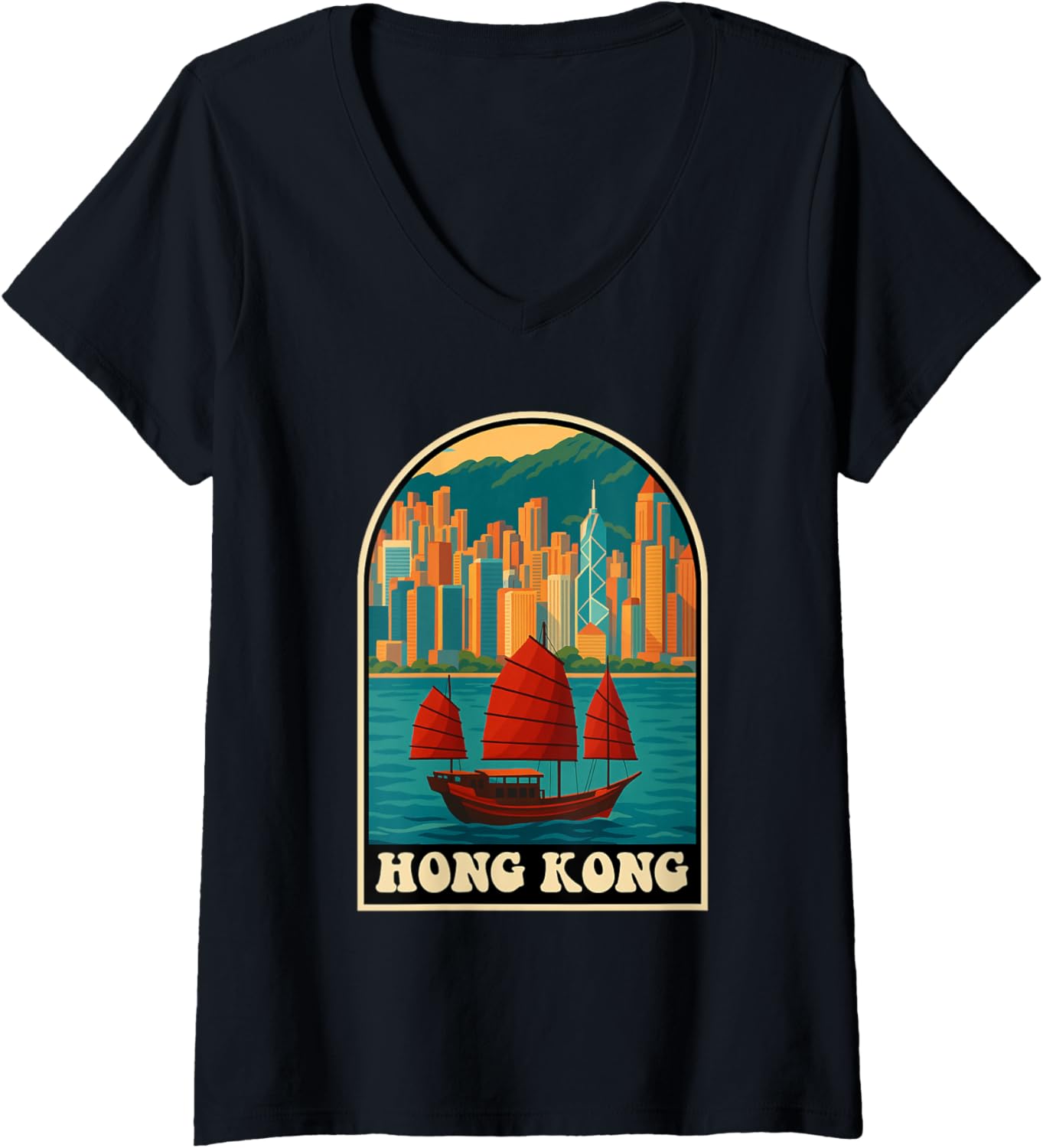 Womens Hong Kong Vintage Skyline Junk Boat Illustration