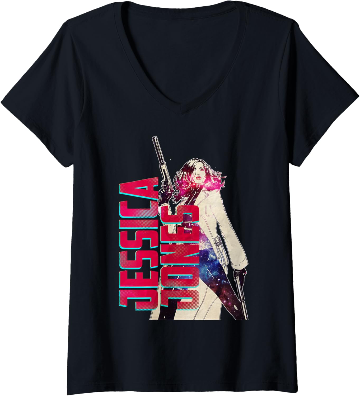 Jessica Jones Gun Pose Vertical Logo Portrait V Neck