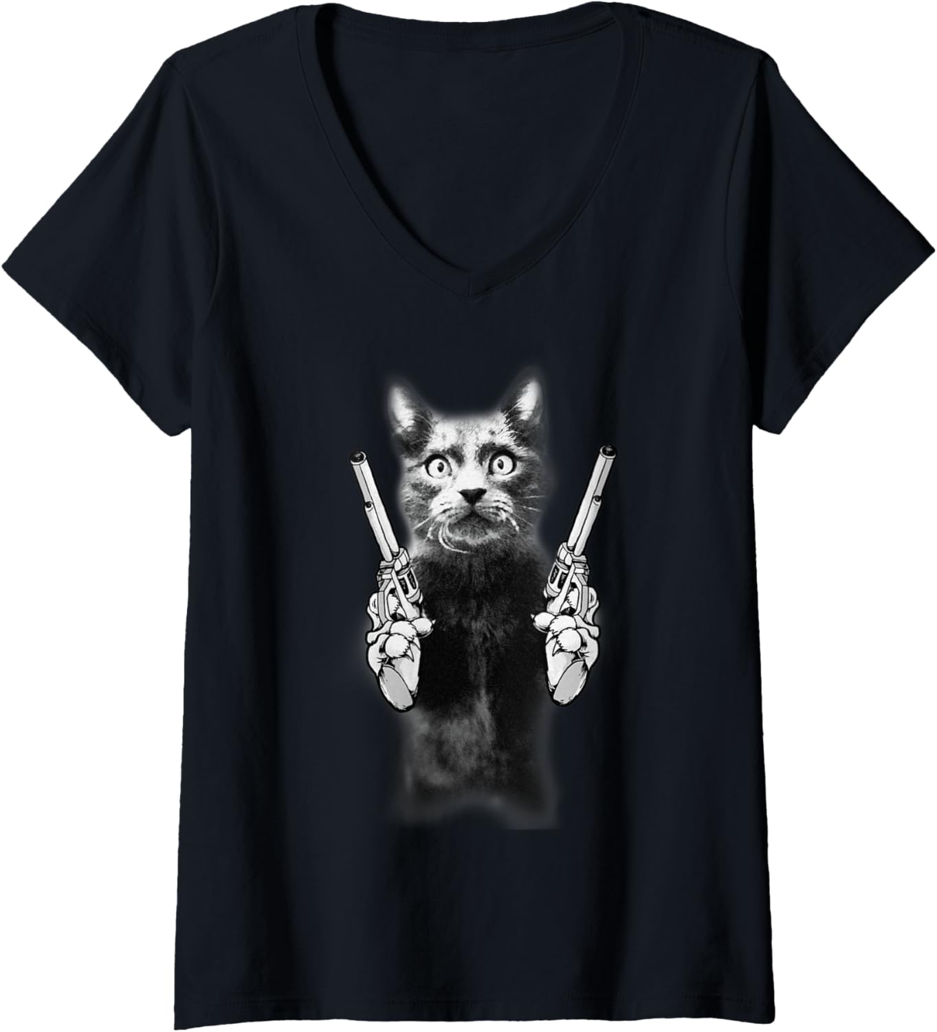 Womens Funny Gun Kitty Revolver Cat V Neck