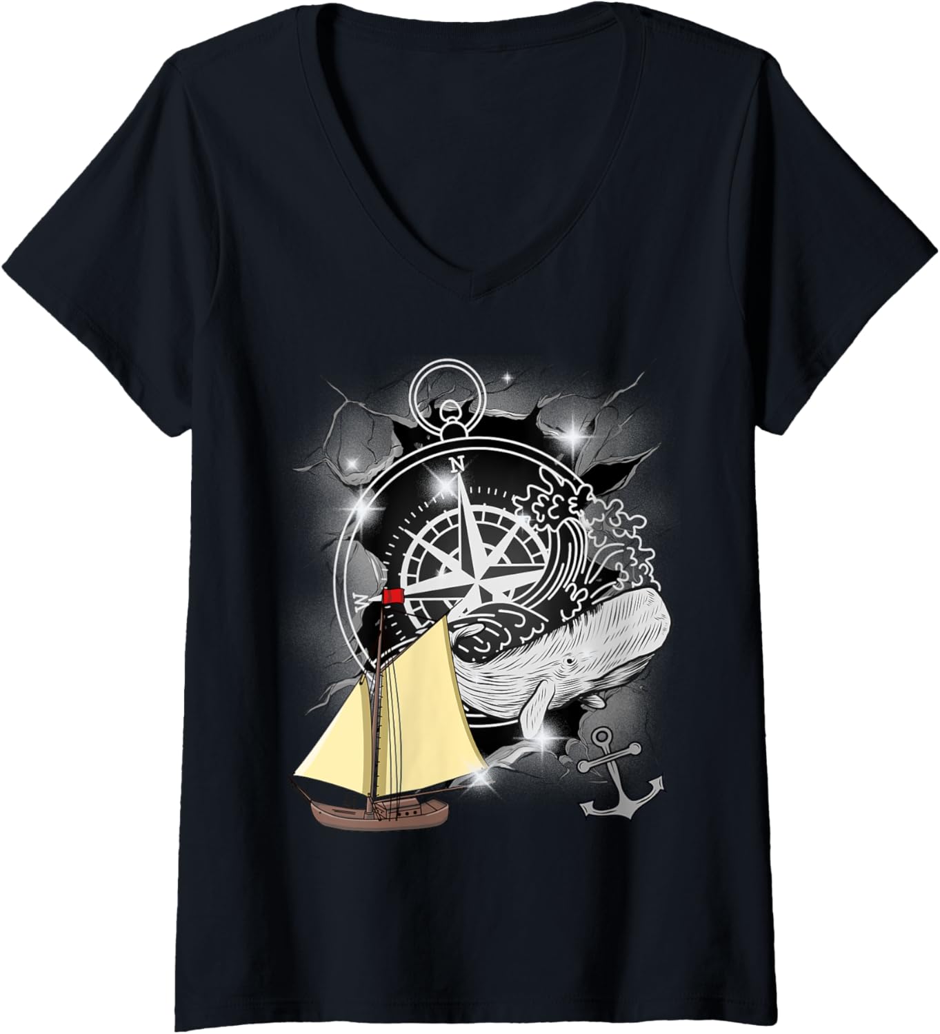 Womens Whale Fish Sailing Ship Compass Boat
