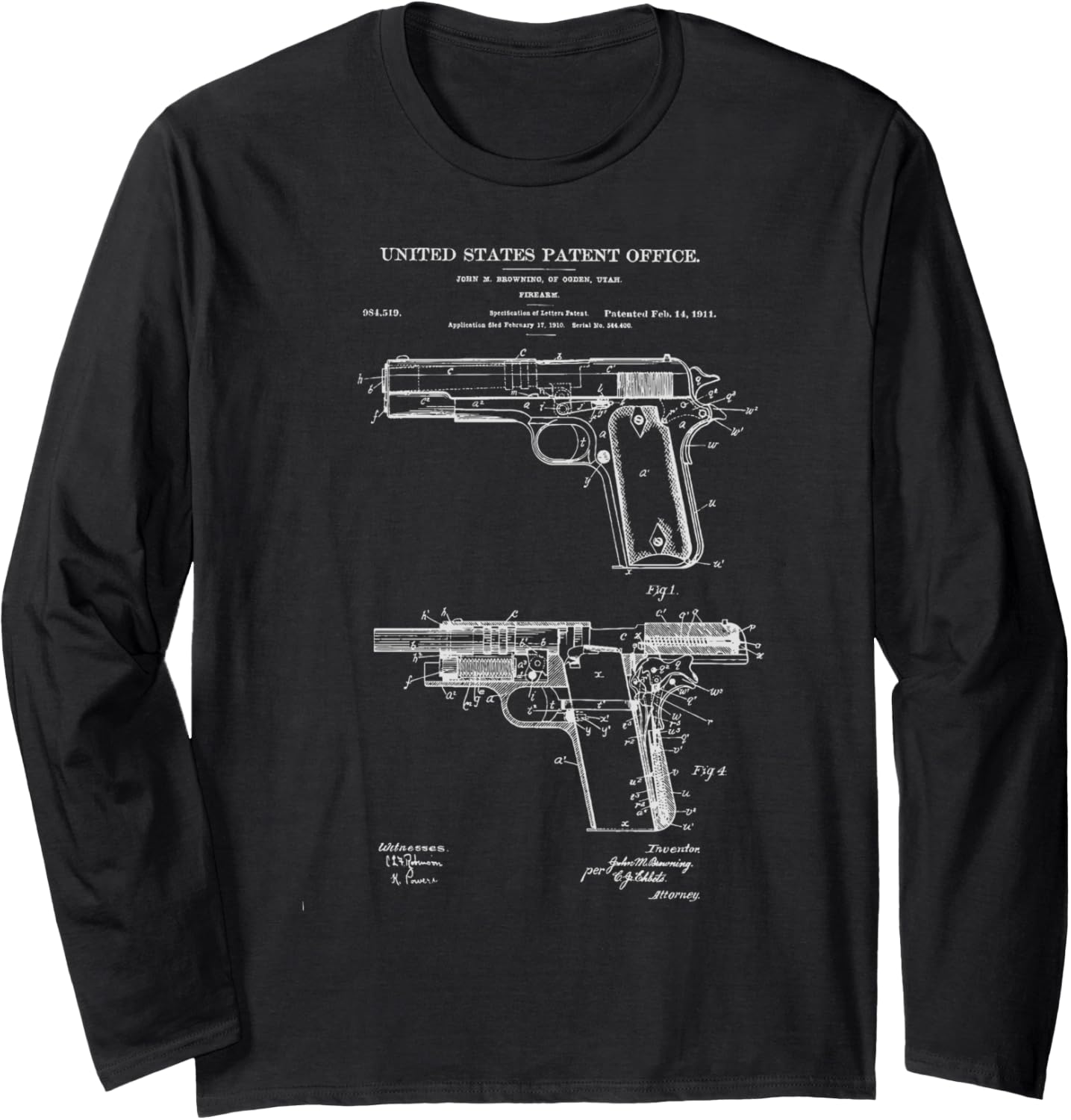 1911 Retro Vintage Handgun Diagram Blueprint Pistol 45Acp Long Sleeve