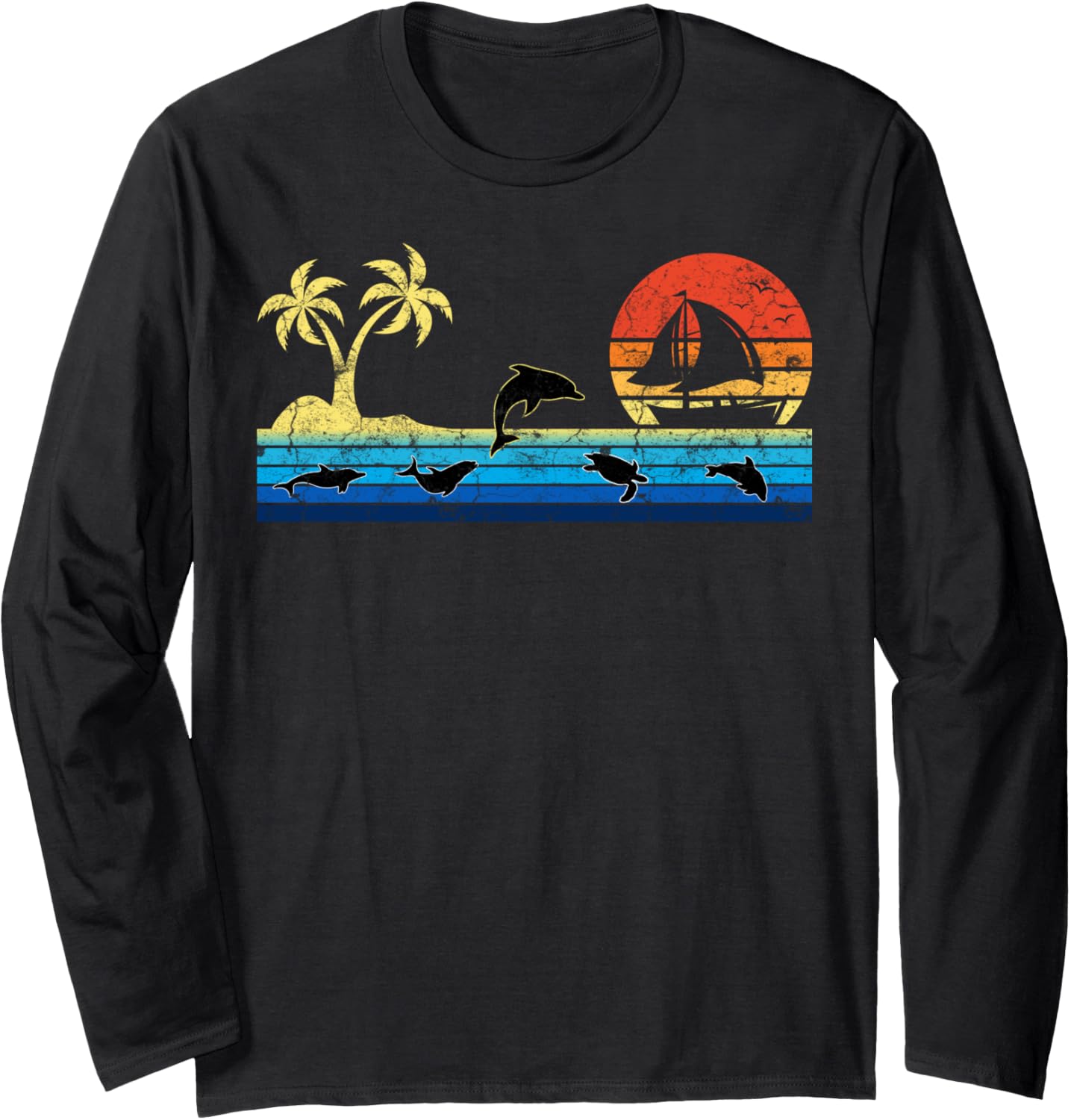 Palm Tree Sunset Sailing Vintage Sailboat Dolphin Long